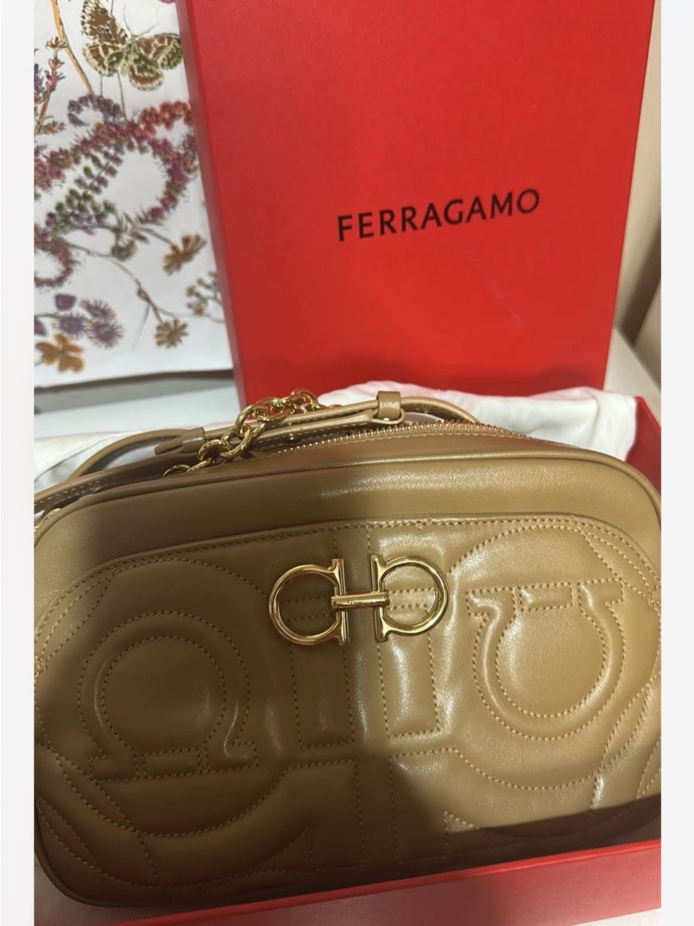 Salvatore Ferragamo Tan Leather Gancini Quilted Crossbody